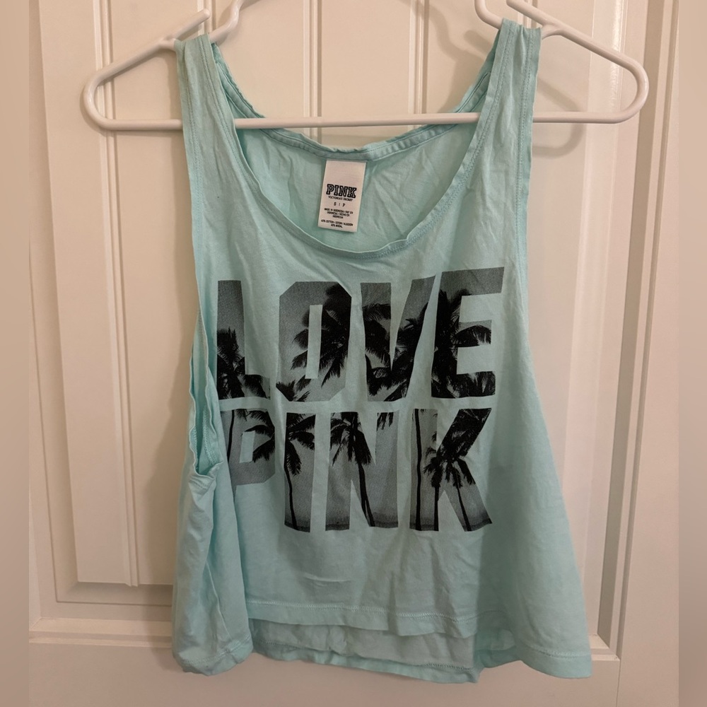 Beachy LOVE pink light blue crop top